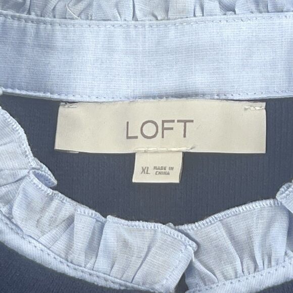 Loft Ruffle Neck Sweater Womens XL Navy Button Up Cardigan Workwear Fall Casual - Picture 10 of 12
